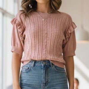 RW&CO. Pink Pointelle Knit Ruffle Sleeve Top - Size S